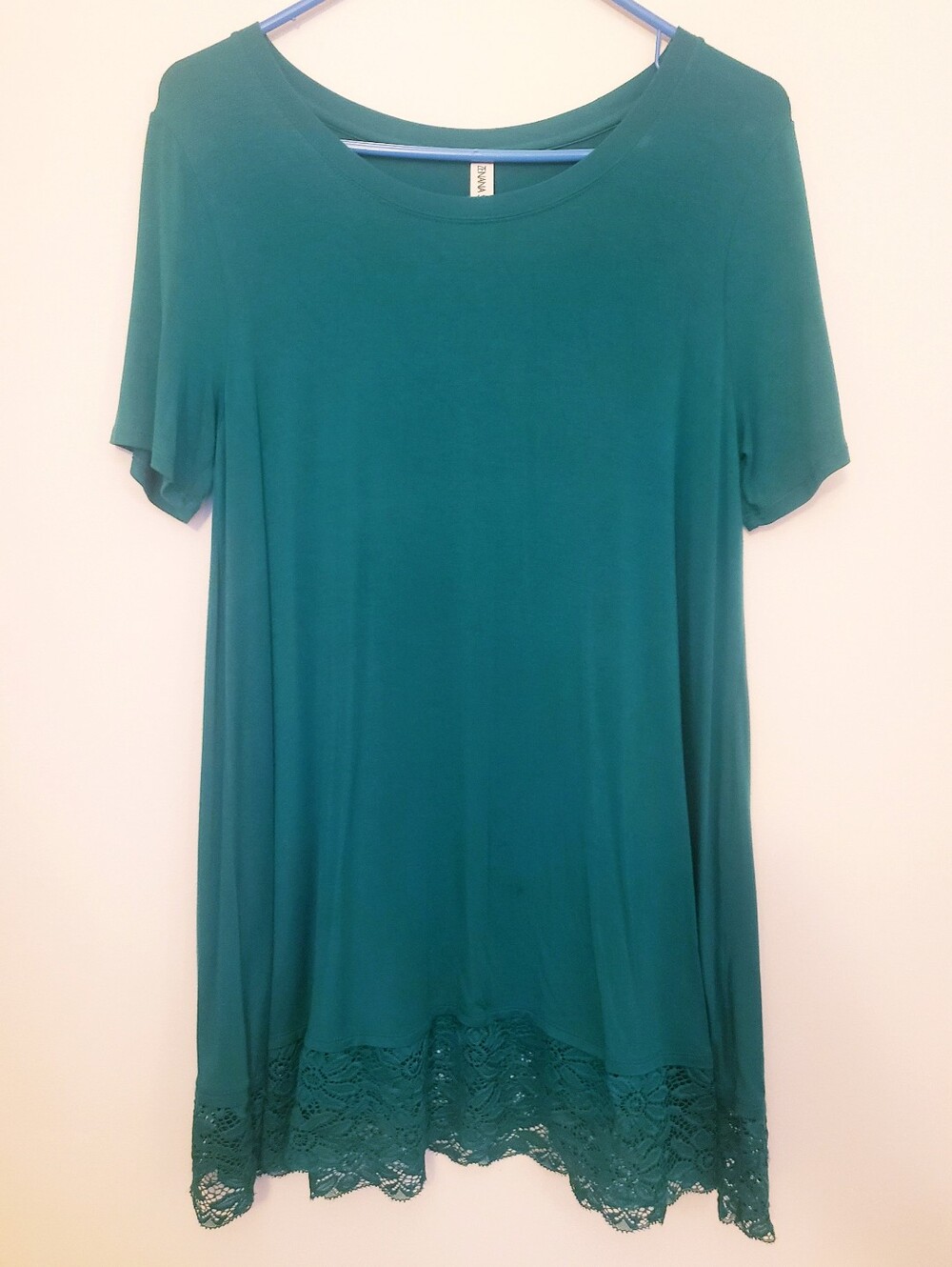 Womens Medium Teal Short Sleeve Tunic with Lace Trim